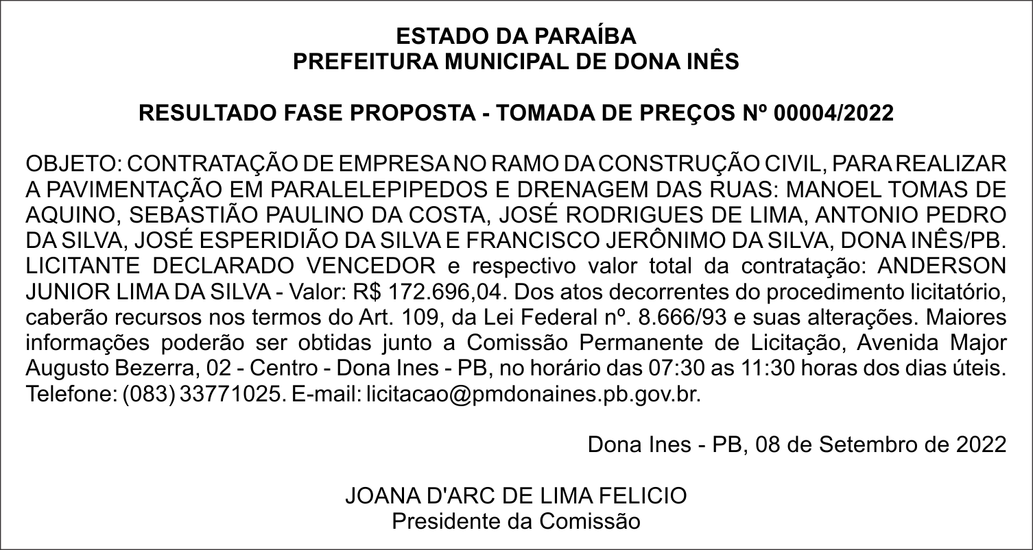 PREFEITURA MUNICIPAL DE DONA INÊS – RESULTADO FASE PROPOSTA – TOMADA DE PREÇOS Nº 00004/2022