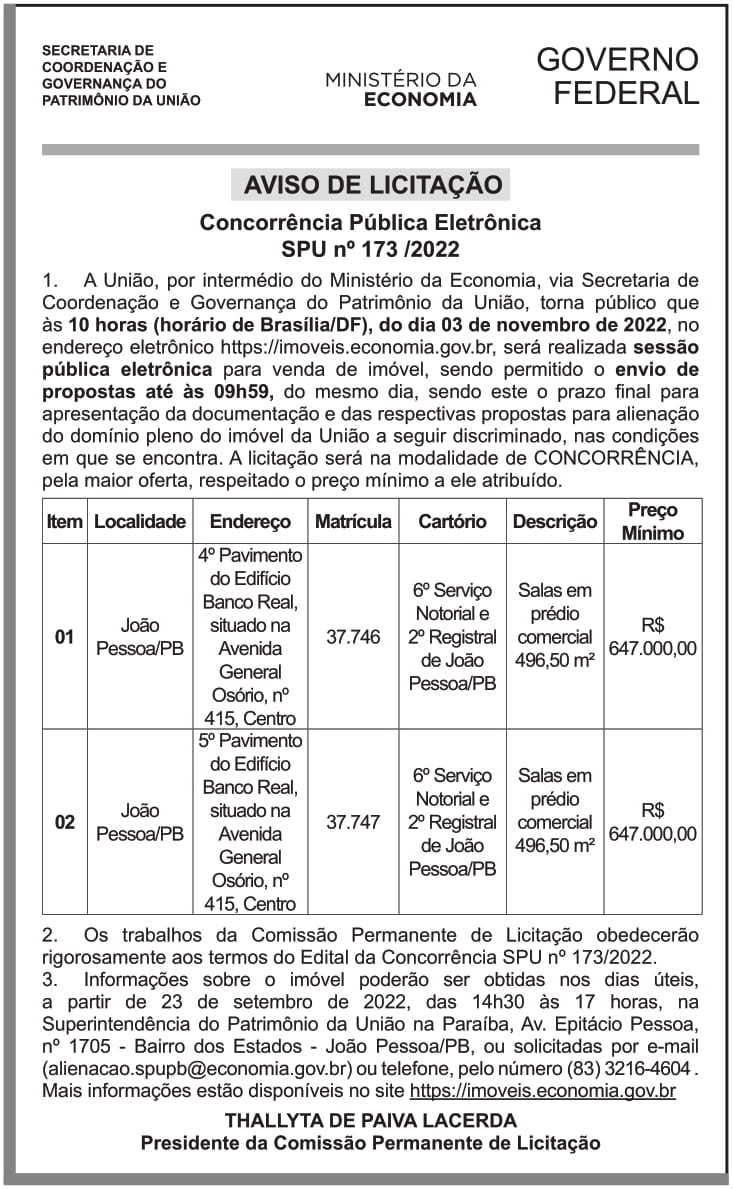 SAMF – BA – AVISO DE LICITAÇÃO – CONCORRÊNCIA PÚBLICA ELETRÔNICA SPU n° 173 /2022