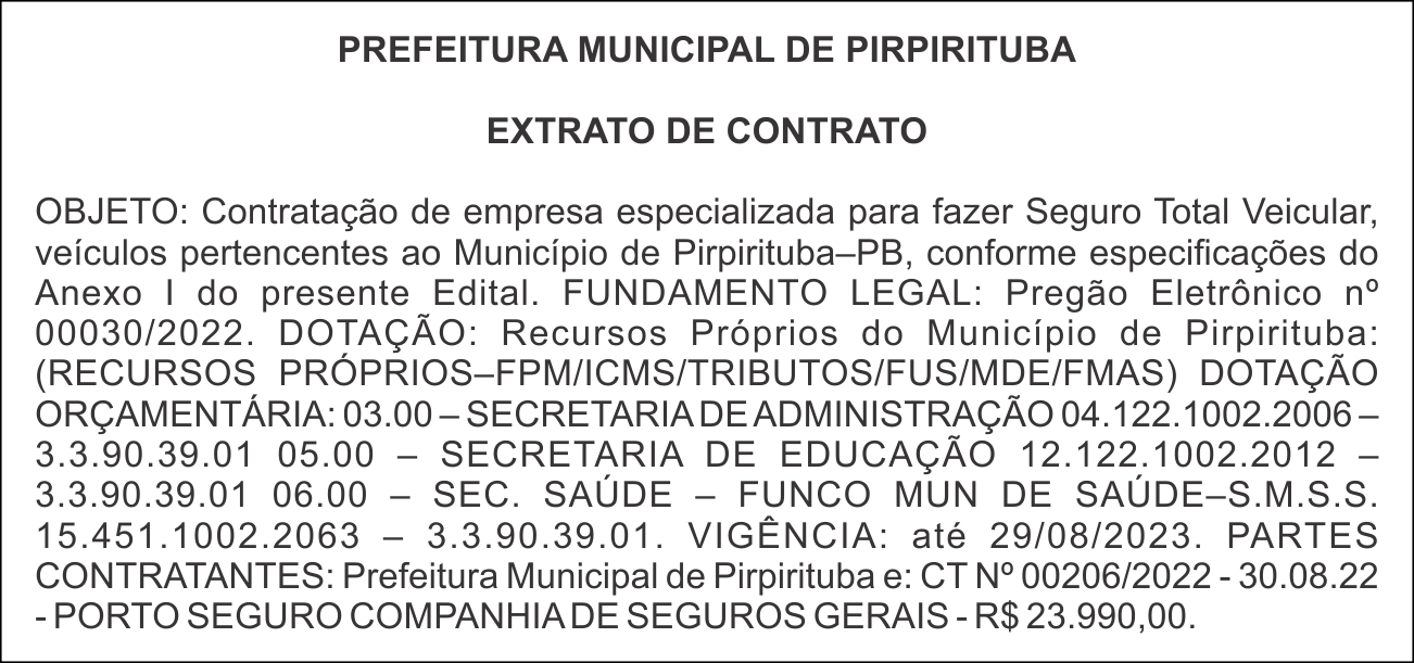PREFEITURA MUNICIPAL DE PIRPIRITUBA – EXTRATO DE CONTRATO
