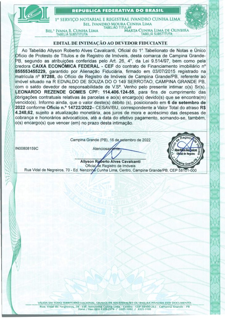 EDITAL DE INTIMAÇÃO AO DEVEDOR FIDUCIANTE