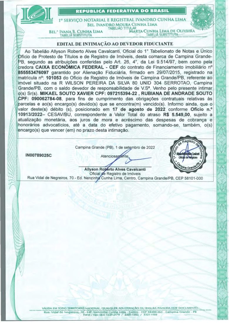 EDITAL DE INTIMAÇÃO AO DEVEDOR FIDUCIANTE