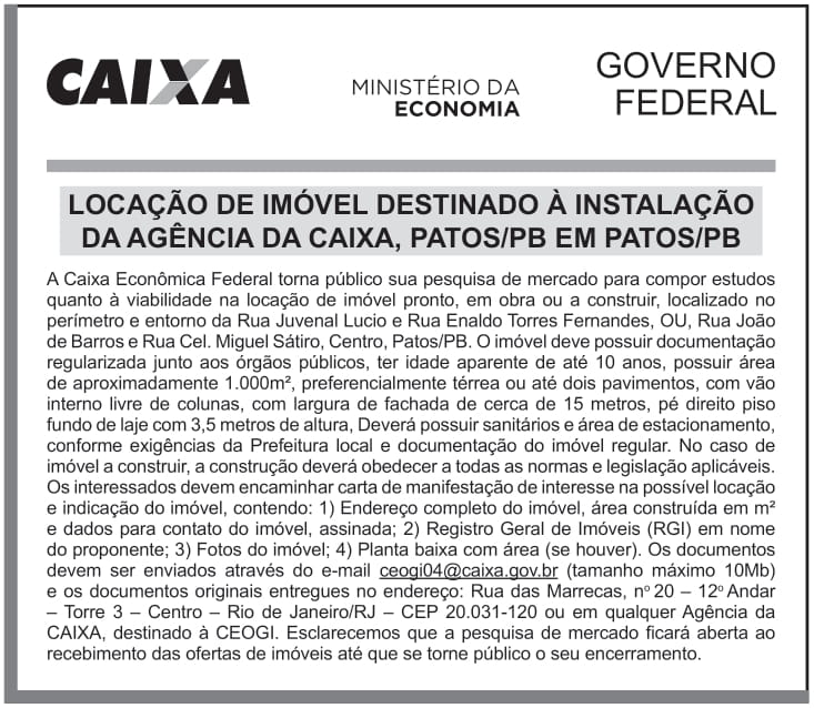 CAIXA ECONÔMICA FEDERAL – DF – BRASILIA – LOCAÇÃO DE IMÓVEL DESTINADO À INSTALAÇÃO DA AGÊNCIA DA CAIXA, PATOS/PB