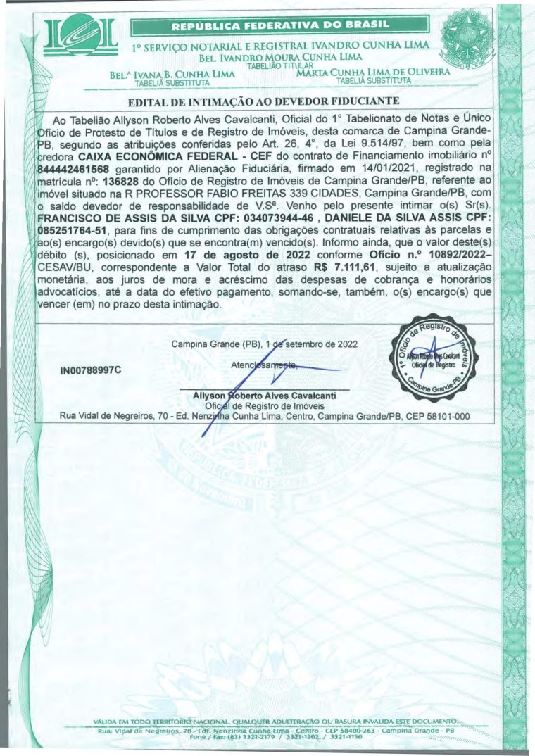 EDITAL DE INTIMAÇÃO AO DEVEDOR FIDUCIANTE