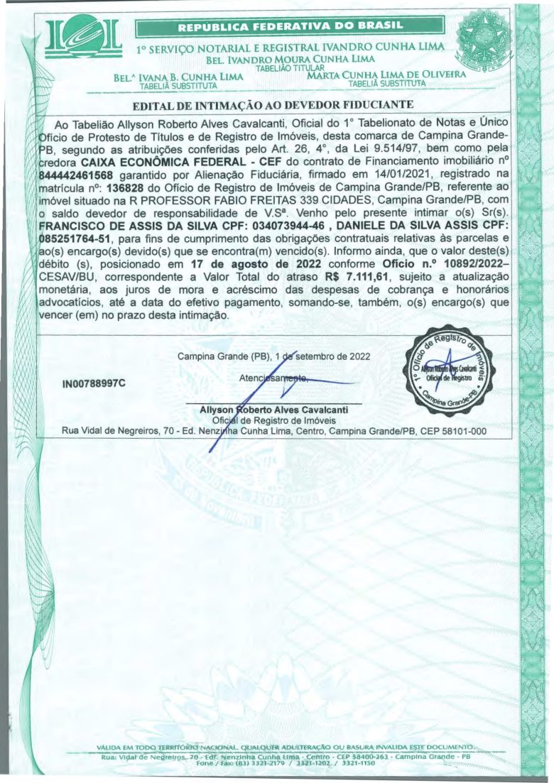 EDITAL DE INTIMAÇÃO AO DEVEDOR FIDUCIANTE