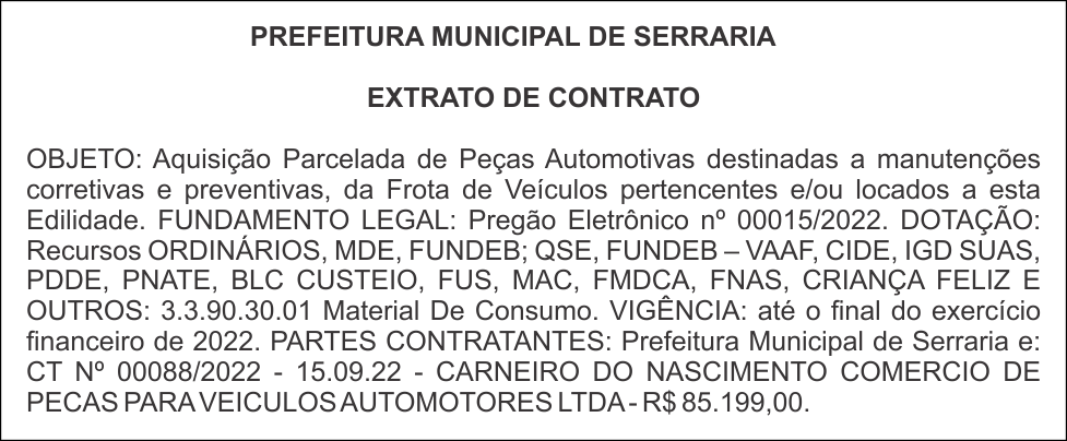 PREFEITURA MUNICIPAL DE SERRARIA – EXTRATO DE CONTRATO