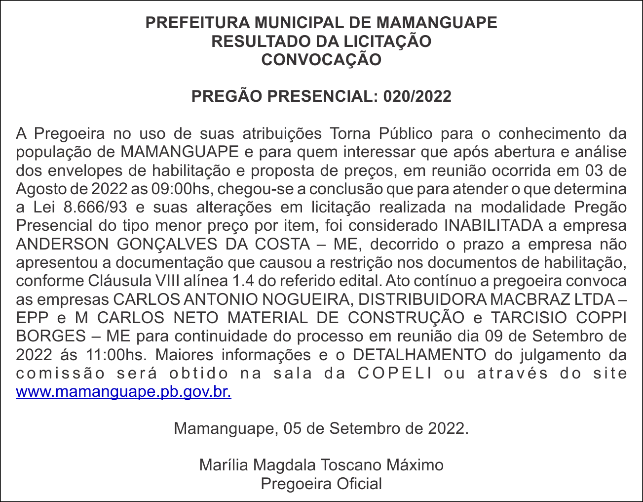 PREFEITURA MUNICIPAL DE MAMANGUAPE –  RESULTADO DA LICITAÇÃO CONVOCAÇÃO – PREGÃO PRESENCIAL: 020/2022