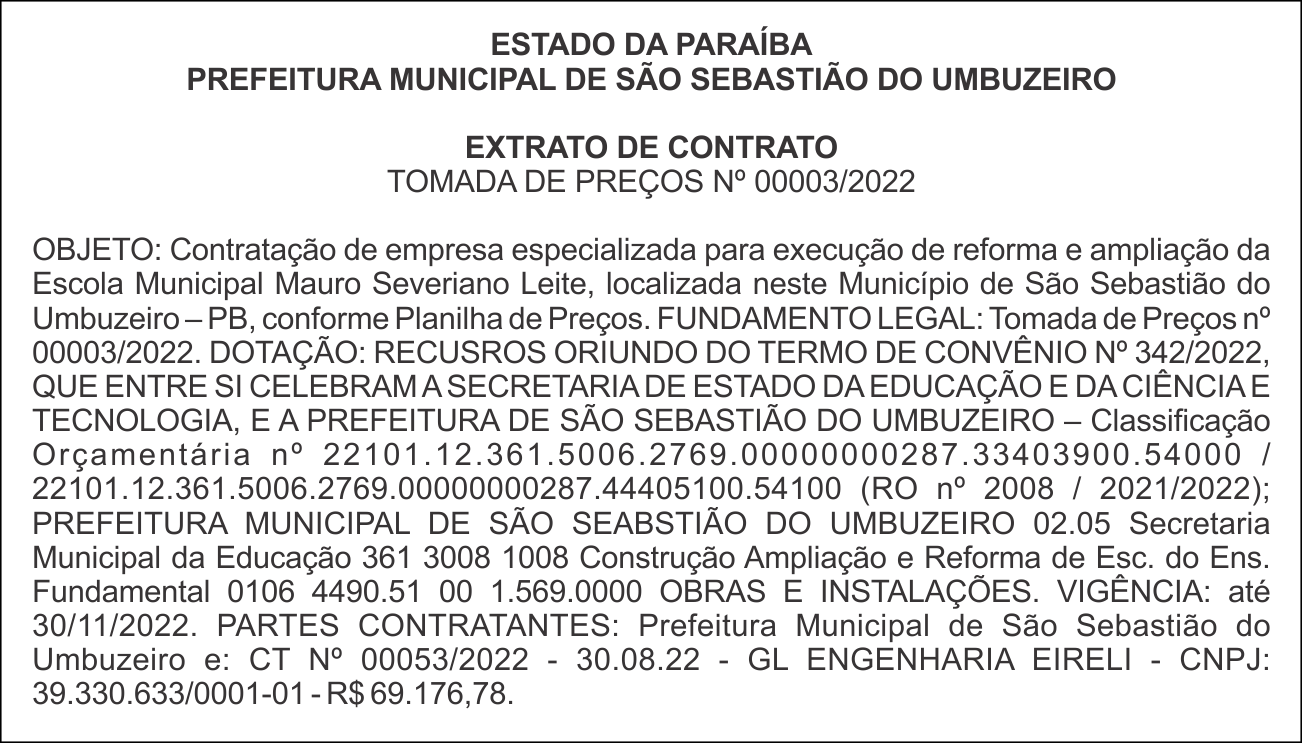 PREFEITURA MUNICIPAL DE SÃO SEBASTIÃO DO UMBUZEIRO – EXTRATO DE CONTRATO – TOMADA DE PREÇOS Nº 00003/2022