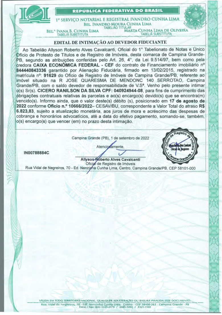 EDITAL DE INTIMAÇÃO AO DEVEDOR FIDUCIANTE