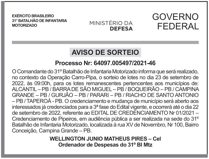 CMDO – 31° B INF MTZ – Campina Grande /PB – Aviso de Sorteio (PROCESSO Nr: 64097.005497/2021-46)
