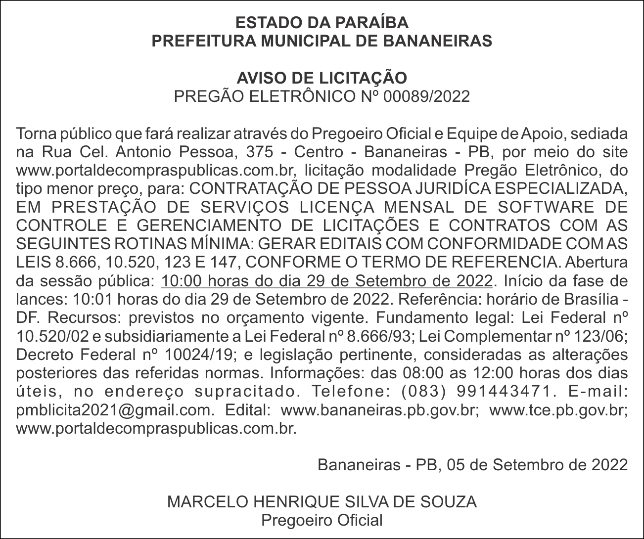 PREFEITURA MUNICIPAL DE BANANEIRAS – AVISO DE LICITAÇÃO – PREGÃO ELETRÔNICO Nº 00089/2022