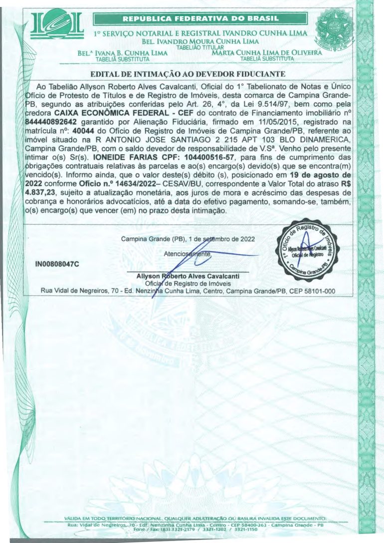 EDITAL DE INTIMAÇÃO AO DEVEDOR FIDUCIANTE