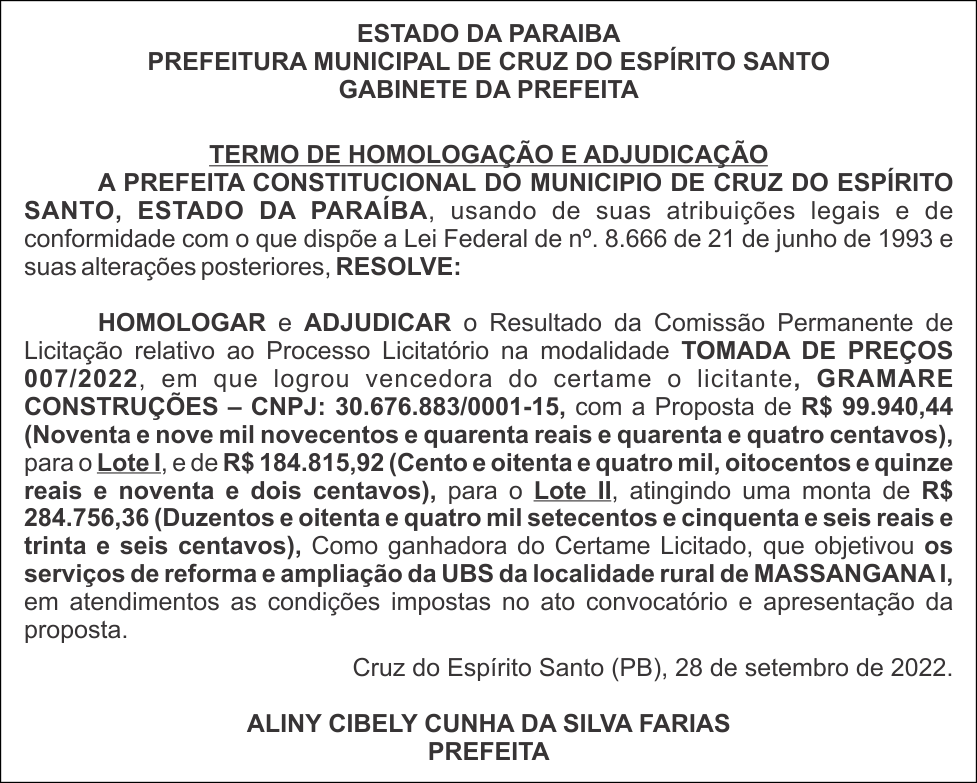 PREFEITURA MUNICIPAL DE CRUZ DO ESPÍRITO SANTO – TERMO DE HOMOLOGAÇÃO E ADJUDICAÇÃO