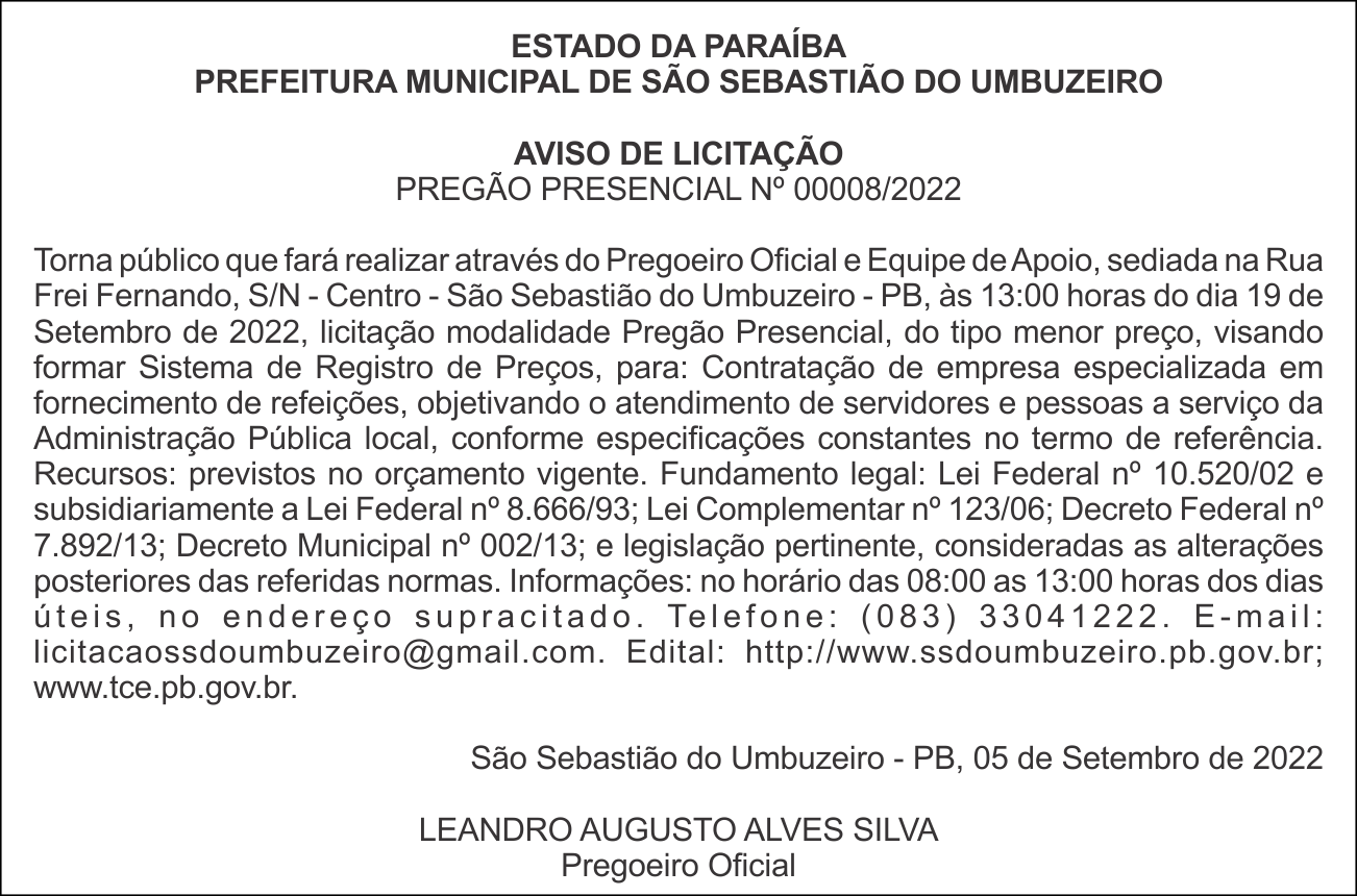 PREFEITURA MUNICIPAL DE SÃO SEBASTIÃO DO UMBUZEIRO – AVISO DE LICITAÇÃO – PREGÃO PRESENCIAL Nº 00008/2022