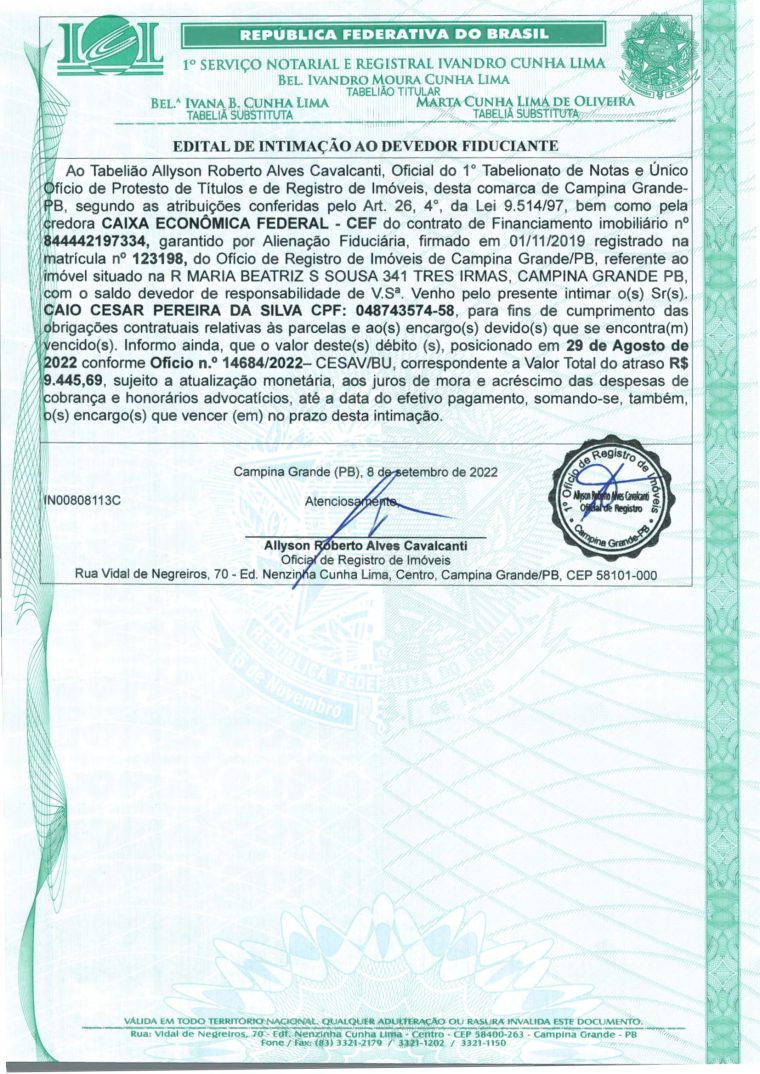 EDITAL DE INTIMAÇÃO AO DEVEDOR FIDUCIANTE