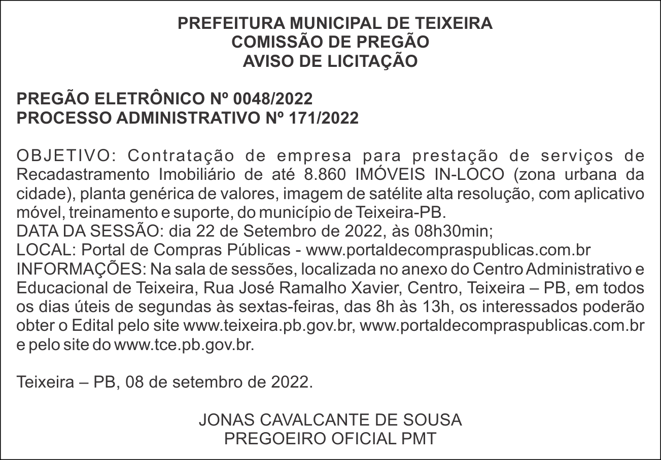 PREFEITURA MUNICIPAL DE TEIXEIRA – AVISO DE LICITAÇÃO – PREGÃO ELETRÔNICO Nº 0048/2022