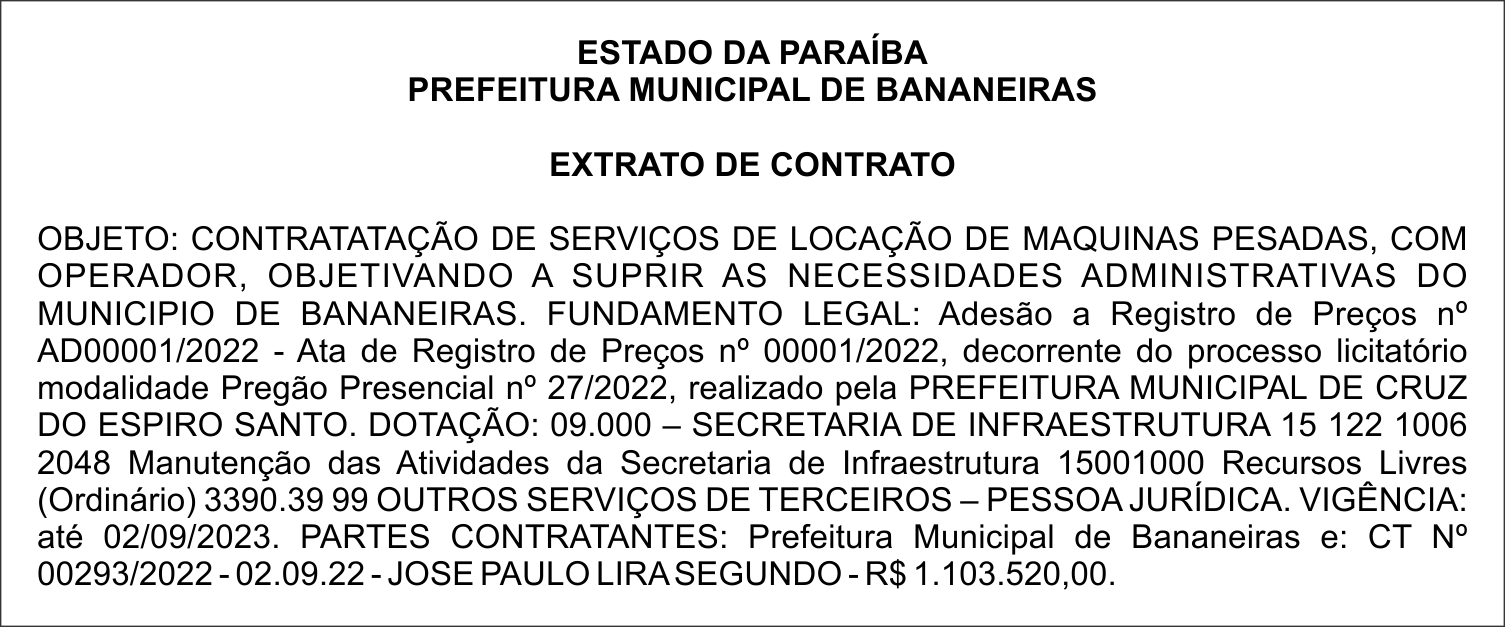 PREFEITURA MUNICIPAL DE BANANEIRAS – EXTRATO DE CONTRATO