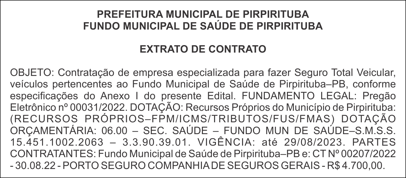 PREFEITURA MUNICIPAL DE PIRPIRITUBA – EXTRATO DE CONTRATO