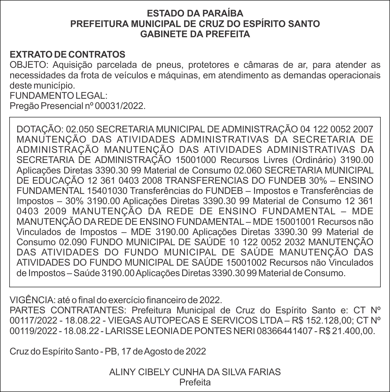 PREFEITURA MUNICIPAL DE CRUZ DO ESPÍRITO SANTO – EXTRATO DE CONTRATOS