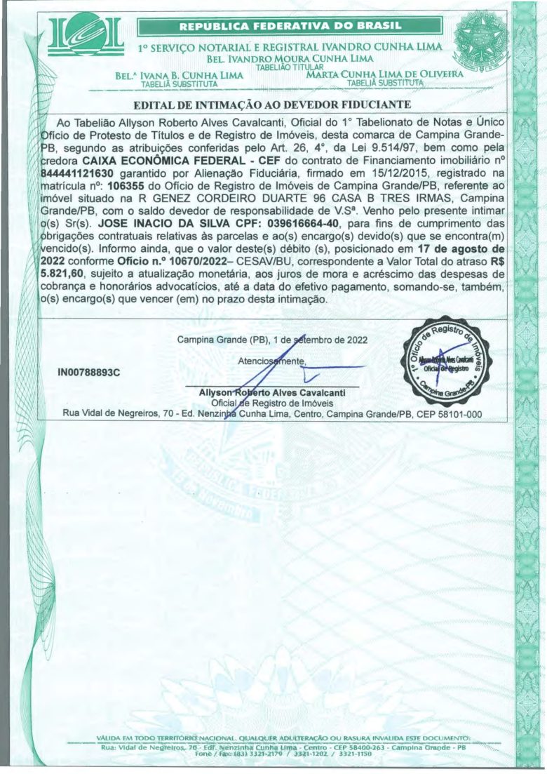 EDITAL DE INTIMAÇÃO AO DEVEDOR FIDUCIANTE