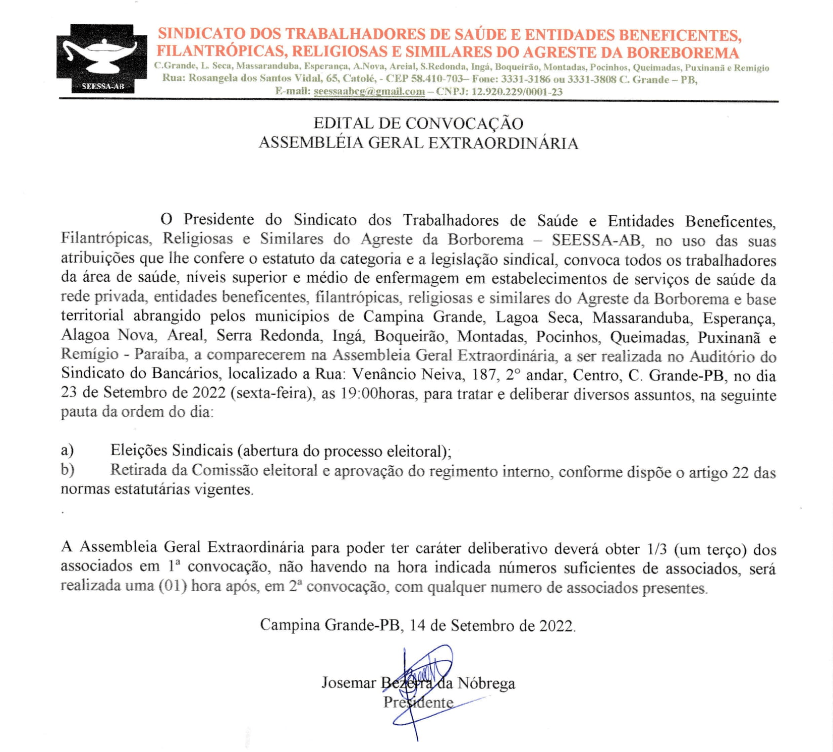 SEESSA-AB – EDITAL DE CONVOCAÇÃO – ASSEMBLEIA GERAL EXTRAORDINARIA