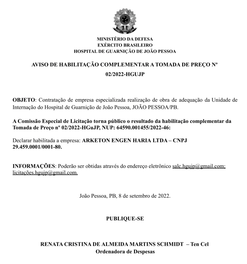 HOSPITAL DE GUARNIÇÃO DE JOÃO PESSOA – AVISO DE HABILITAÇÃO COMPLEMENTAR A TOMADA DE PREÇO Nº 02/2022-  HGUJP