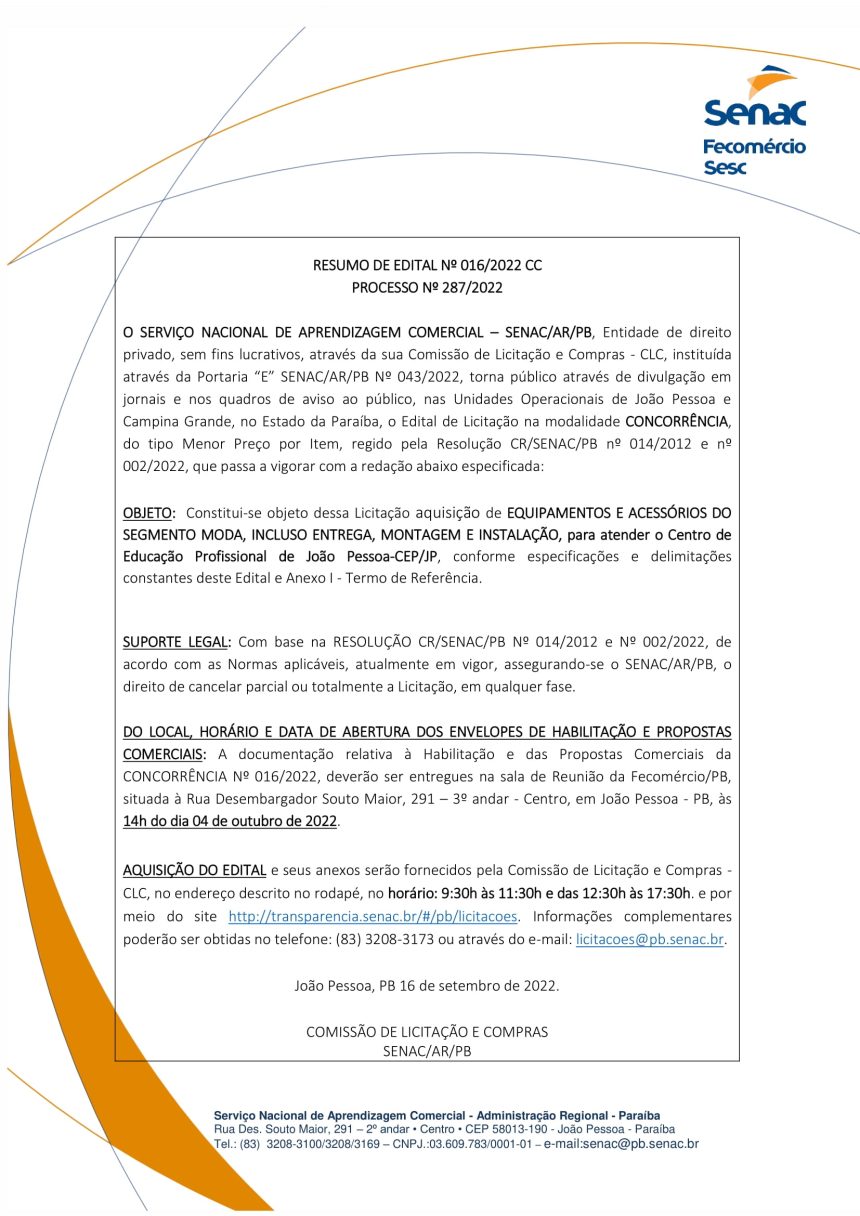 SENAC – RESUMO DE EDITAL N° 016/2022 CC – PROCESSO N° 287/2022