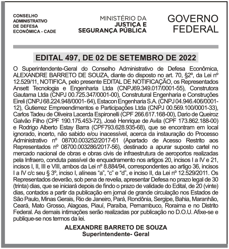 CADE – DF – BRASÍLIA – Edital n° 497, de 02 de Setembro de 2022.