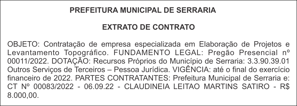PREFEITURA MUNICIPAL DE SERRARIA  EXTRATO DE CONTRATO