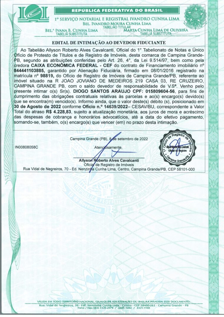 EDITAL DE INTIMAÇÃO AO DEVEDOR FIDUCIANTE