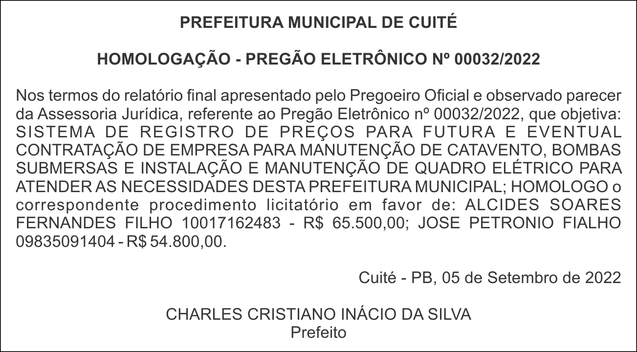 PREFEITURA MUNICIPAL DE CUITÉ – HOMOLOGAÇÃO – PREGÃO ELETRÔNICO N° 00032/2022