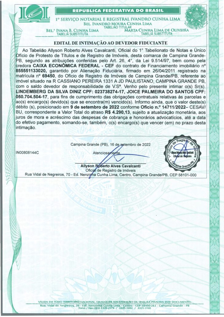 EDITAL DE INTIMAÇÃO AO DEVEDOR FIDUCIANTE