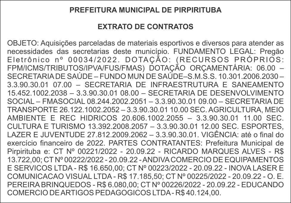 PREFEITURA MUNICIPAL DE PIRPIRITUBA – EXTRATO DE CONTRATOS