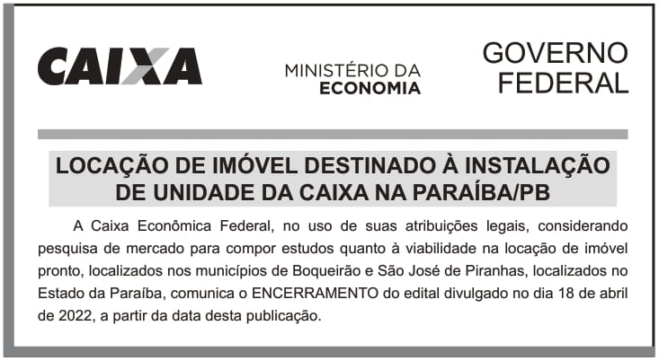 CAIXA ECONÔMICA FEDERAL – DF – BRASILIA – LOCAÇÃO DE IMÓVEL DESTINADO À INSTALAÇÃO DE UNIDADE DA CAIXA NA PARAÍBA/PB