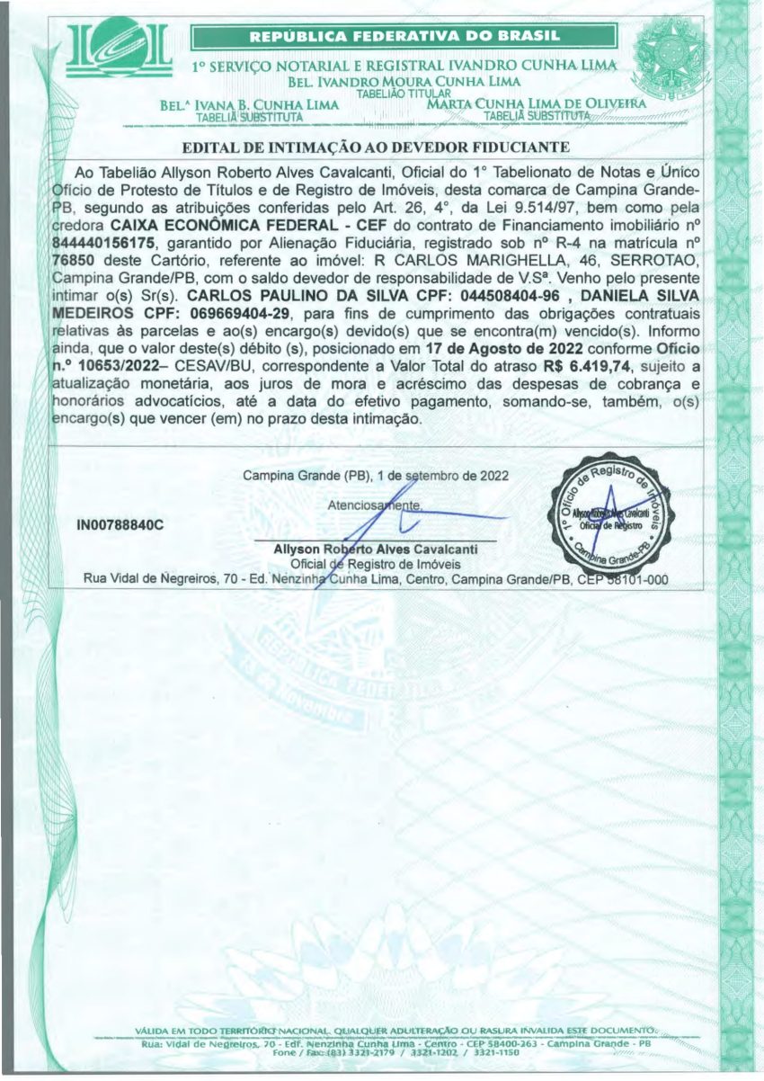 EDITAL DE INTIMAÇÃO AO DEVEDOR FIDUCIANTE