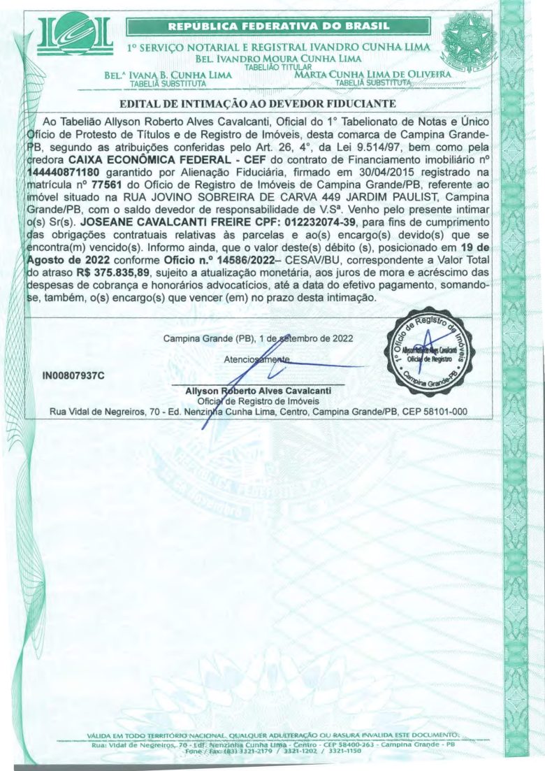 EDITAL DE INTIMAÇÃO AO DEVEDOR FIDUCIANTE