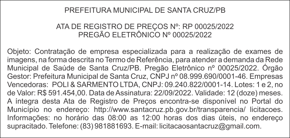 PREFEITURA MUNICIPAL DE SANTA CRUZ/PB – ATA DE REGISTRO DE PREÇOS Nº: RP 00025/2022 – PREGÃO ELETRÔNICO Nº 00025/2022