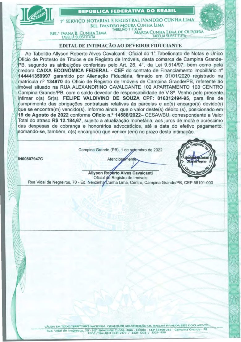 EDITAL DE INTIMAÇÃO AO DEVEDOR FIDUCIANTE