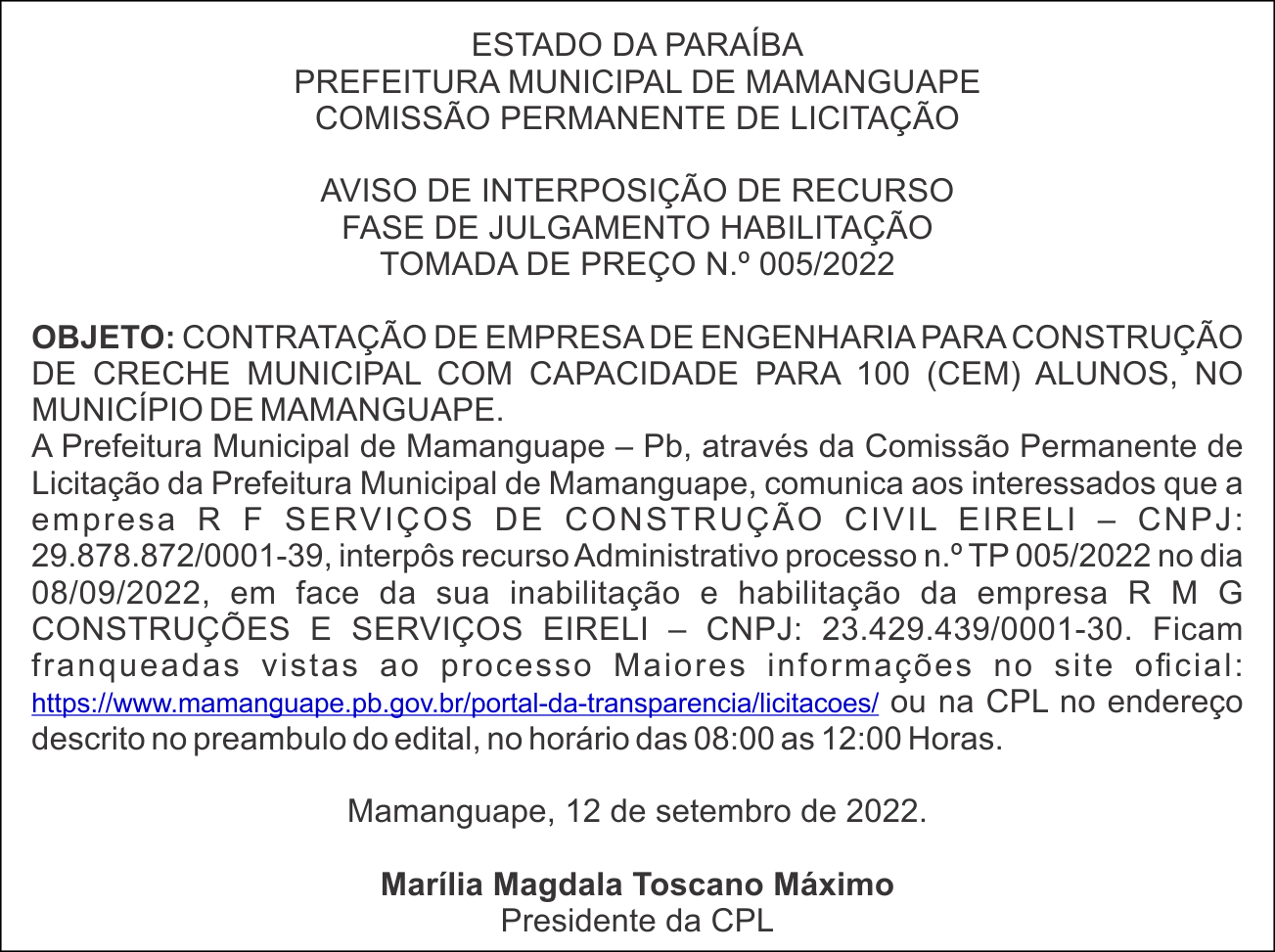 PREFEITURA MUNICIPAL DE MAMANGUAPE – AVISO DE INTERPOSIÇÃO DE RECURSO FASE DE JULGAMENTO HABILITAÇÃO – TOMADA DE PREÇO N.º 005/2022