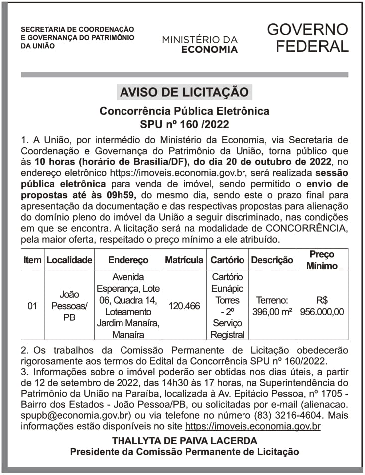 SAMF – BA – AVISO DE LICITAÇÃO CONCORRÊNCIA PÚBLICA ELETRÔNICA SPU n° 160/2022