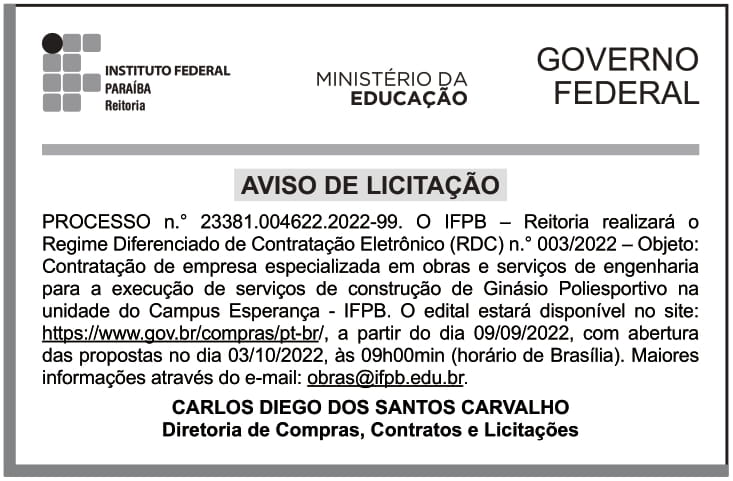 IFPB – PB – JOÃO PESSOA – EDITAL – RDC ELETRÔNICO n.° 003/2022 – Campus Esperança REITORIA