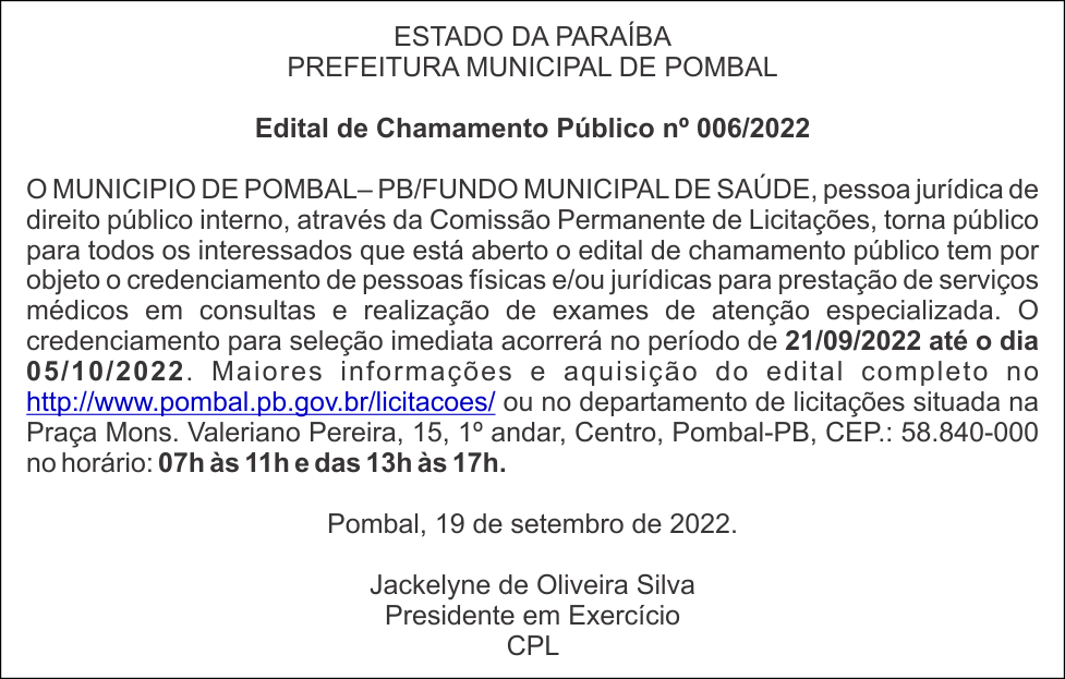 PREFEITURA MUNICIPAL DE POMBAL – Edital de Chamamento Público nº 006/2022