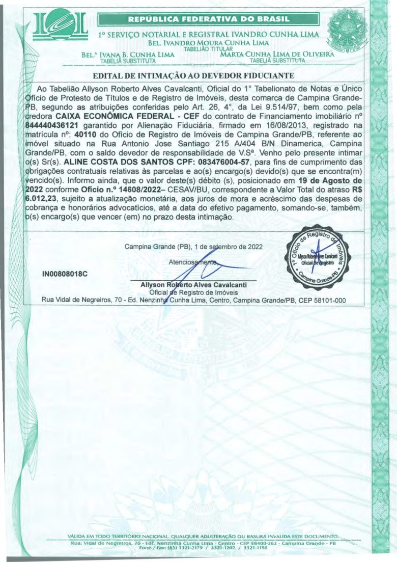 EDITAL DE INTIMAÇÃO AO DEVEDOR FIDUCIANTE