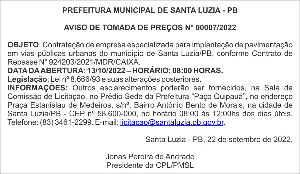 PREFEITURA MUNICIPAL DE SANTA LUZIA – PB – AVISO DE TOMADA DE PREÇOS Nº 00007/2022