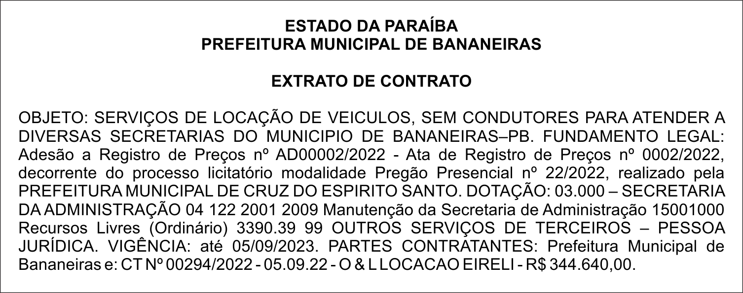 PREFEITURA MUNICIPAL DE BANANEIRAS – EXTRATO DE CONTRATO