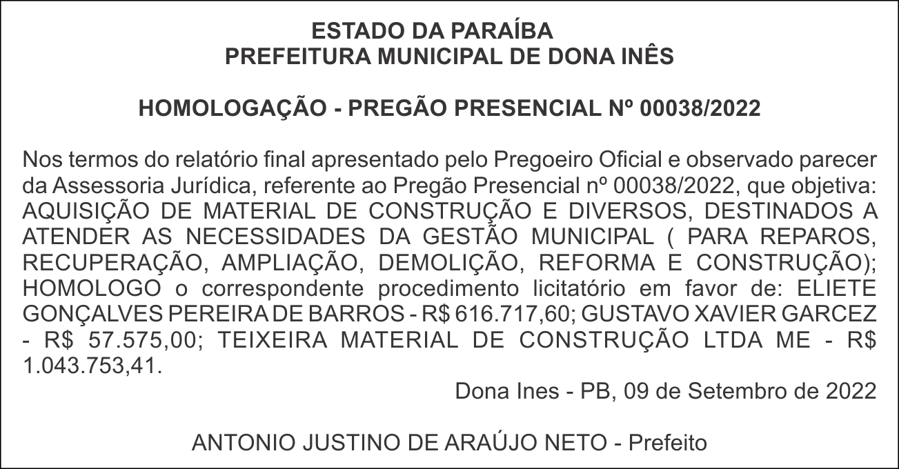PREFEITURA MUNICIPAL DE DONA INÊS – HOMOLOGAÇÃO – PREGÃO PRESENCIAL Nº 00038/2022