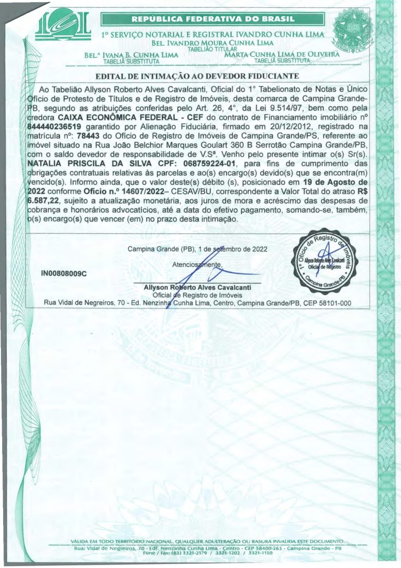 EDITAL DE INTIMAÇÃO AO DEVEDOR FIDUCIANTE