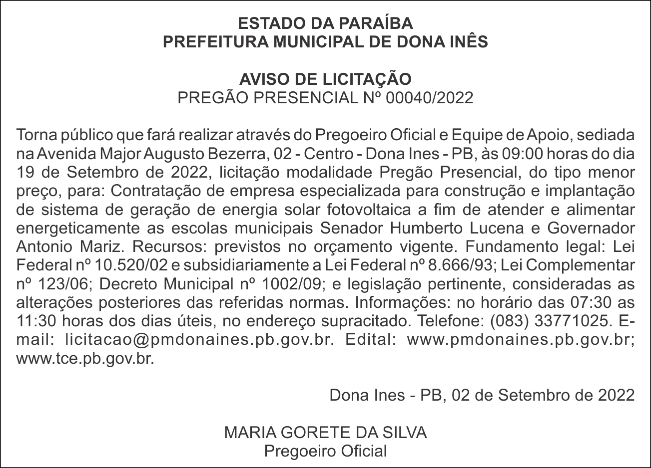 PREFEITURA MUNICIPAL DE DONA INÊS – AVISO DE LICITAÇÃO – PREGÃO PRESENCIAL Nº 00040/2022
