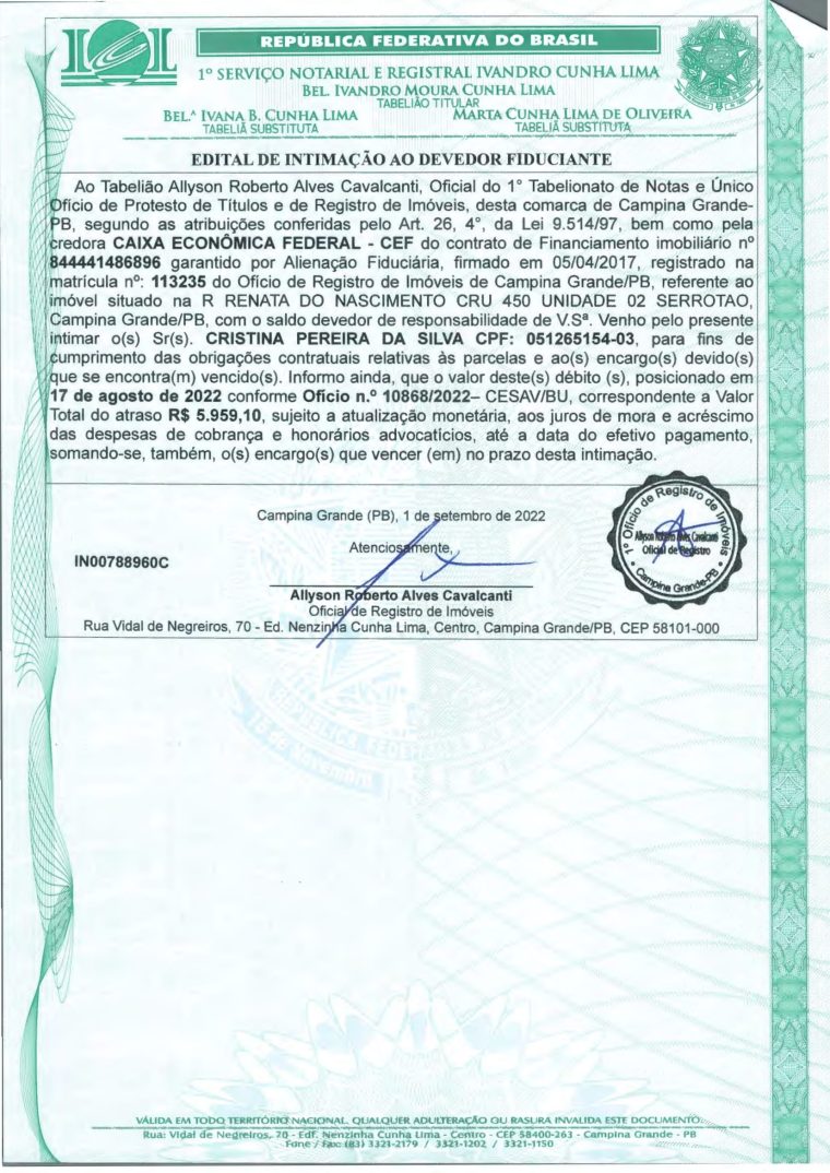 EDITAL DE INTIMAÇÃO AO DEVEDOR FIDUCIANTE
