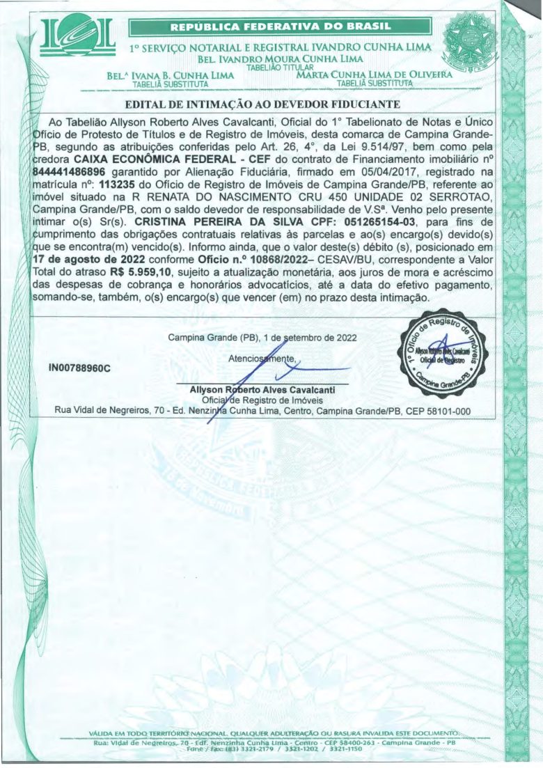 EDITAL DE INTIMAÇÃO AO DEVEDOR FIDUCIANTE
