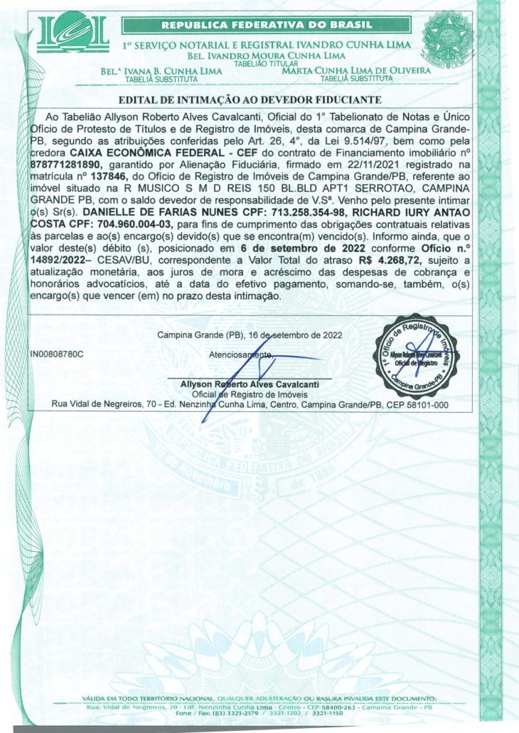 EDITAL DE INTIMAÇÃO AO DEVEDOR FIDUCIANTE